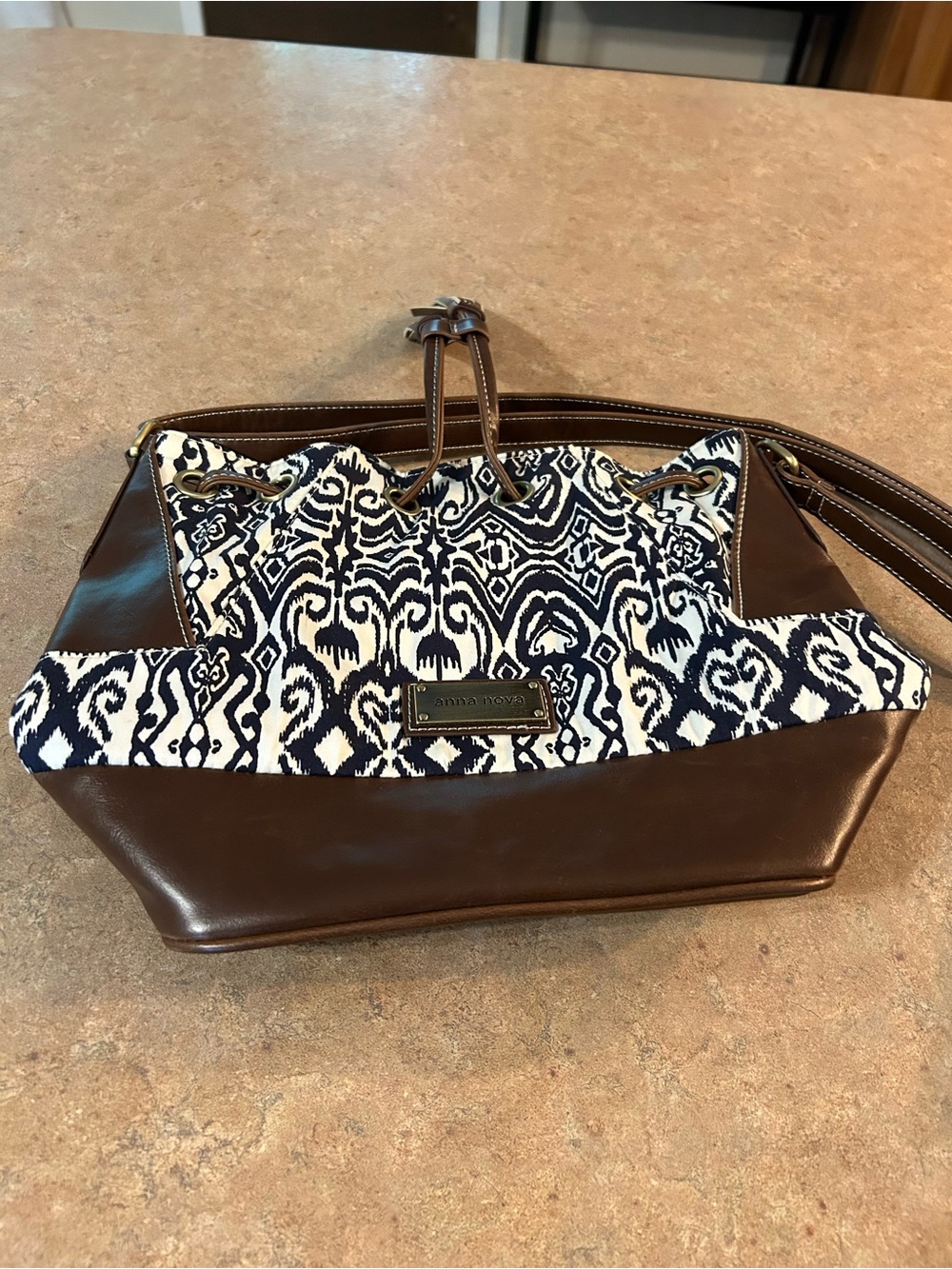 Navy and Brown Drawstring Tote Bag